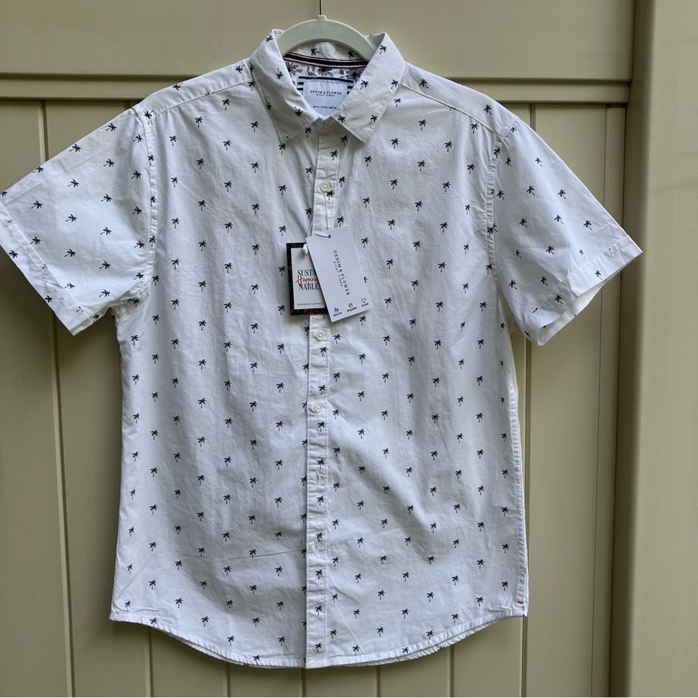 Denim & Flower Ricky Singh button up short sleeve shirt Med white palm NWT